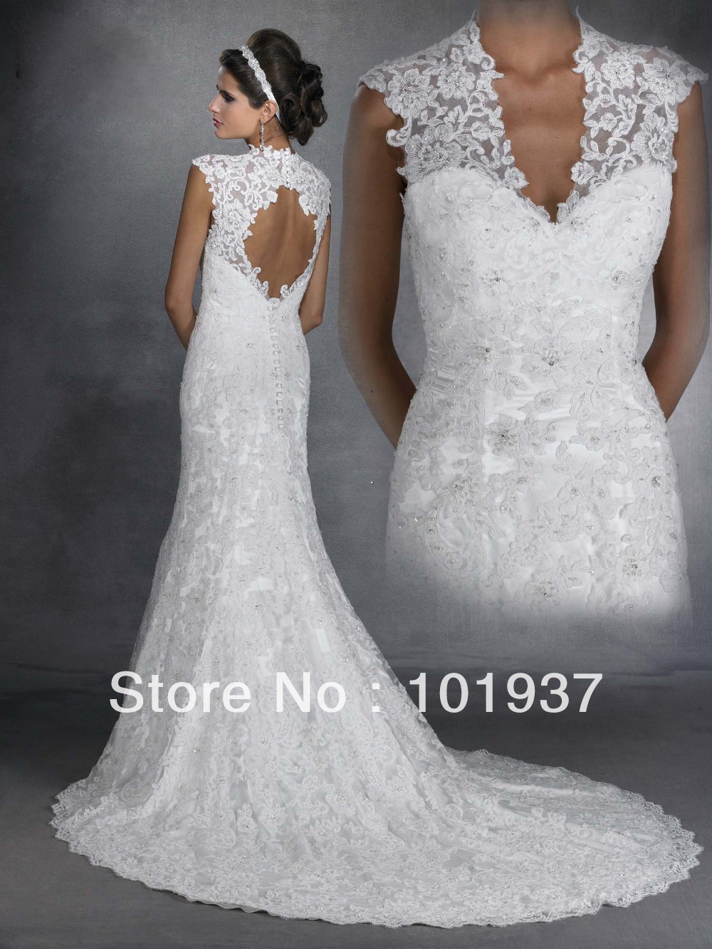Mermaid Long Lace Beaded V Neck Cap Sleeve Open Back Wedding Dress Mermaid Long Lace Beaded V Neck Cap Sleeve Open Back Wedding Dress