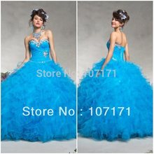 Fashion Blue Color Beadings Ruffle Organza Corset Back Quinceanera Dress