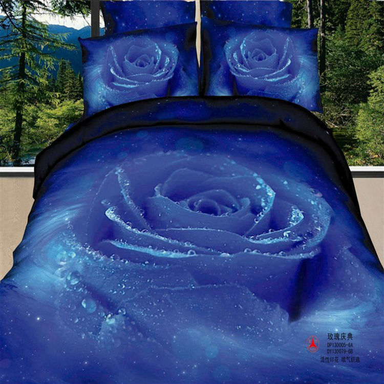 blue Rose 4pc bedding set wedding 3D bedclothes girls Queen size ...