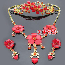 Red bride accessories piece set marriage accessories bride chain sets alloy flower necklace rhinestone necklace