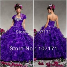 Custom-made Purple Color Beaded Ruffle Organza Corset Back Quinceanera Dress