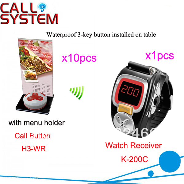 Waiter Calling System K 200C H3 WR H for restaurant 10pcs waterproof button and 1pcs watch