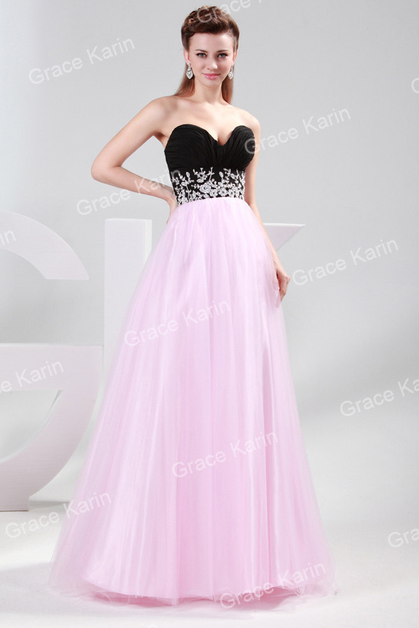 Fast-Delivery-Sweetheart-Chiffon-Tulle-Black-and-Pink-Long-Ruched-Prom ...
