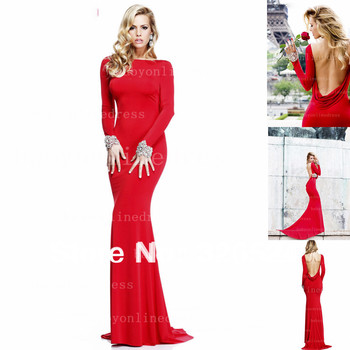 New fashion evening dress 2014 high neck Long sleeves backless red