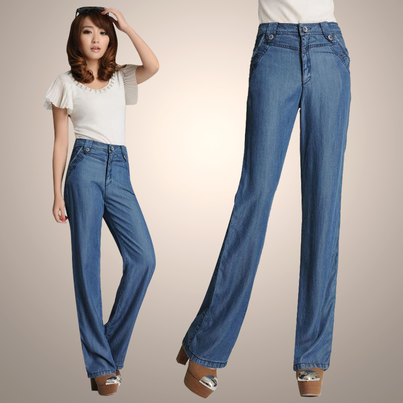 2013AutumnPlussizeTencelWomenBlueandBlackJeansHighWaistWide