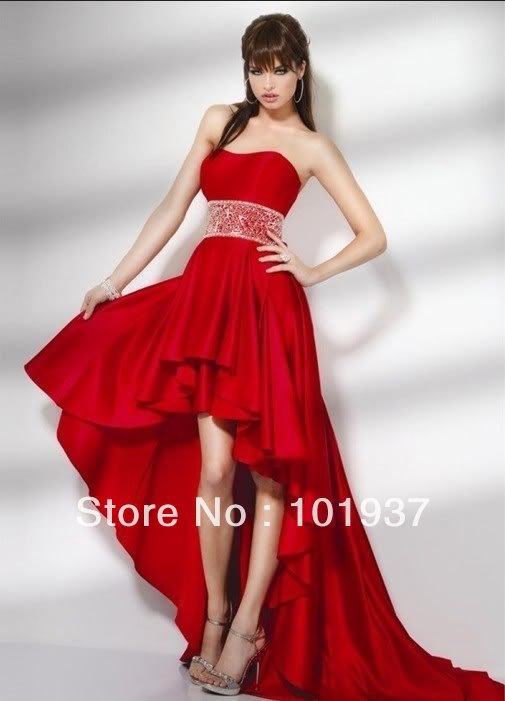 New-Cheap-Modest-Red-High-Low-Prom-Dresses-Evening-Sash-Beading ...