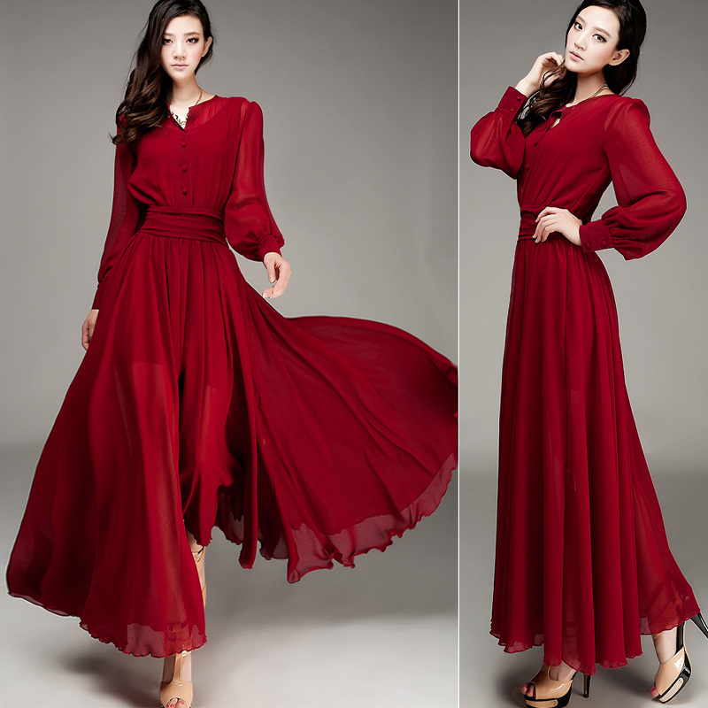 long sleeve wine red dress casual elegant chiffon fall maxijpg