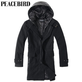 peacebird 2013 أزياء الشتاء مع غطاء محرك السيارة طويلة التصميم معطفا من الصوف ملابس رجالية ملابس خارجية