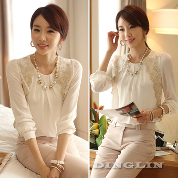 Fashion Women Ladies Long Sleeve Embroidered Chiffon Casual Tops Blouse White Shirt Clothing Size S M L Free Shipping New 0777