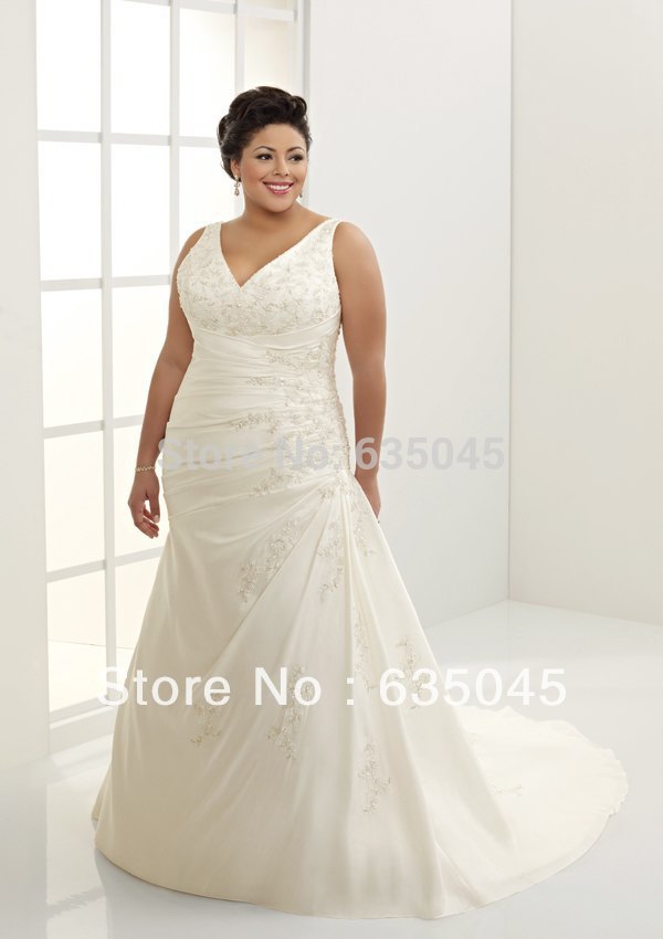 Free Shipping V Neck Custom made White Ivory Satin Taffeta Pleat Embroidery Beading A Line Plus