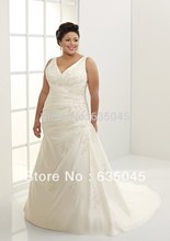 Free Shipping V Neck Custom made White Ivory Satin Taffeta Pleat Embroidery Beading A Line Plus