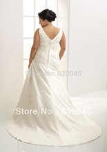 Free Shipping V Neck Custom made White Ivory Satin Taffeta Pleat Embroidery Beading A Line Plus