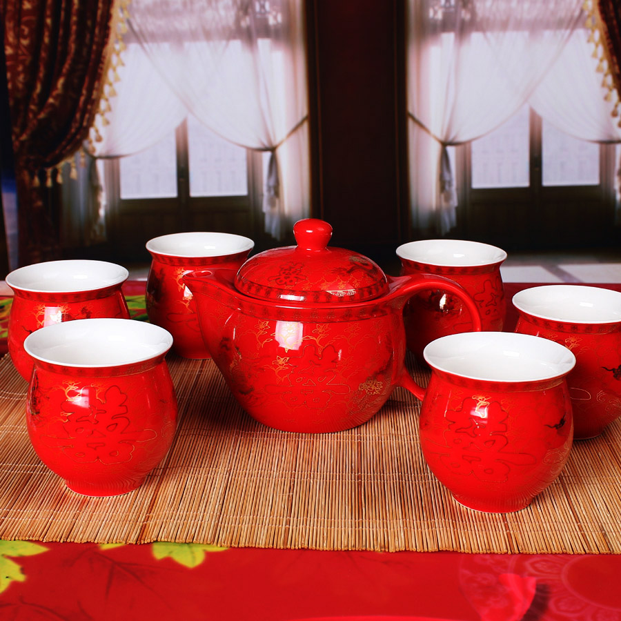 Ceramic tea set wedding supplies king cup teapot red teacup marriage props double layer anti hot