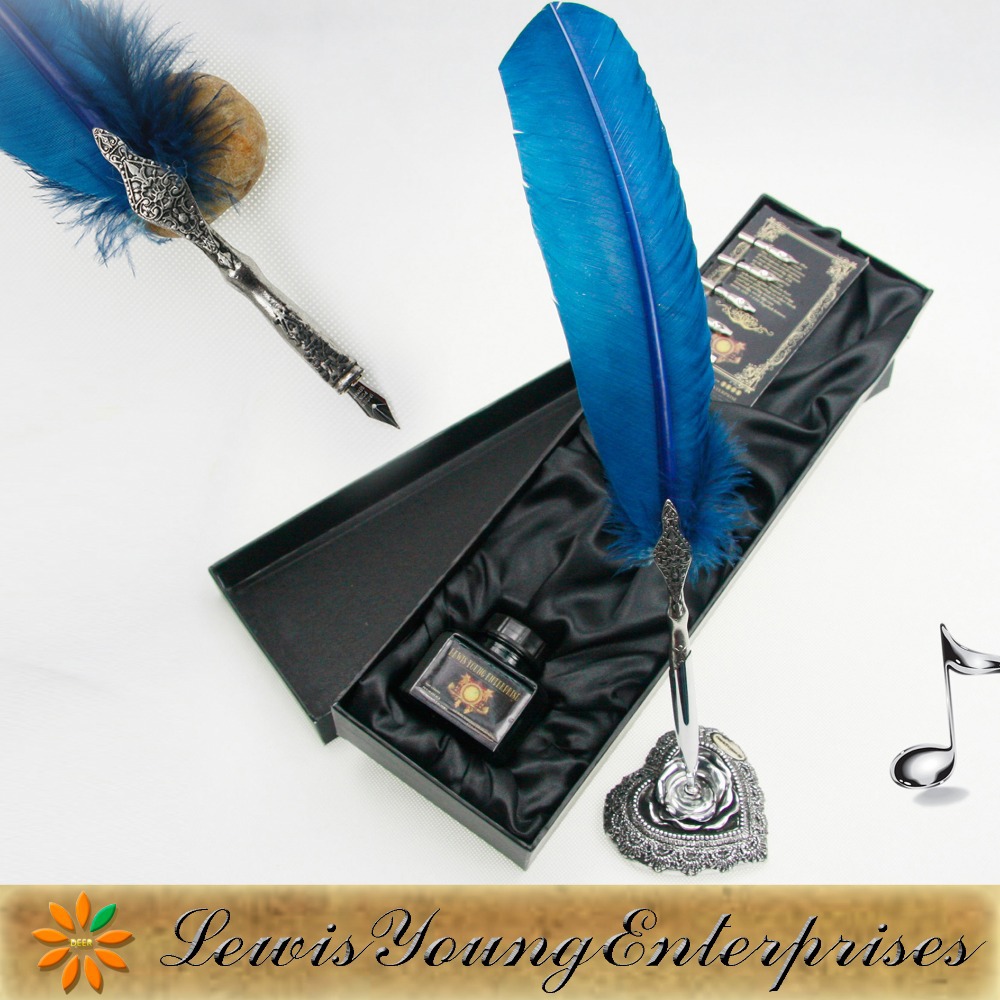 Calligraphy - Blue Feather Quill Pen, Ink & 5 Nibs Gift Set(China ...