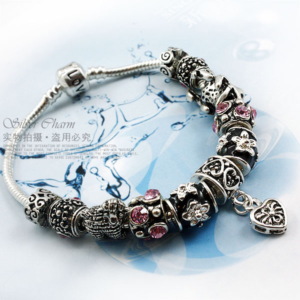 2015 New Arrival European Style 925 Silver Heart Charm Love Chain Bracelet With Murano Glass Beads