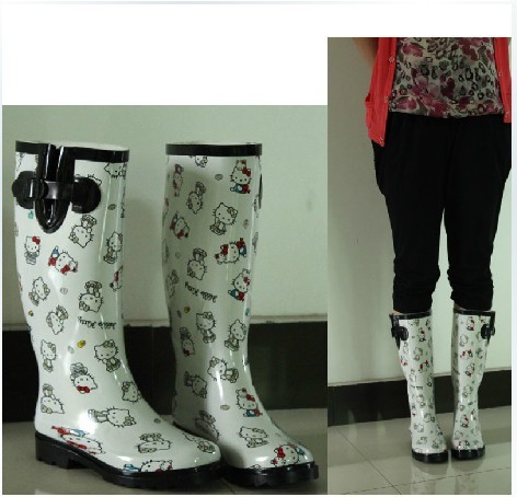 women hello kitty pattern rubber rainboots knee high wellingtons gumboots for women galoshes
