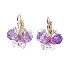 ES075 Min.order is $10 (mix order) Fashion Korea Style Wings Rhinestones Purple Bow Butterfly Earrings Free shipping