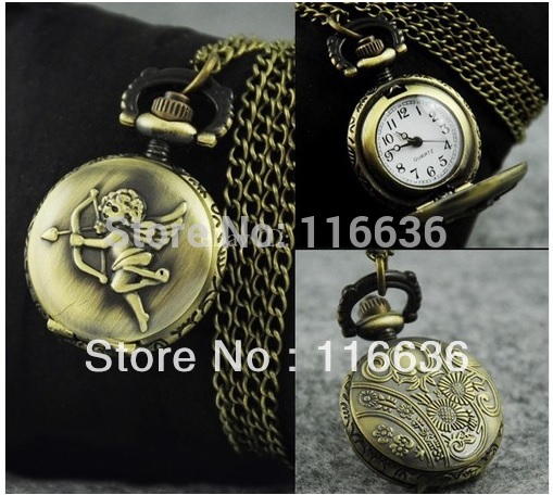 Small POCKET WATCH woman Bronze chain necklace watch women CUTE CUPID Angel Casual Dress Watch