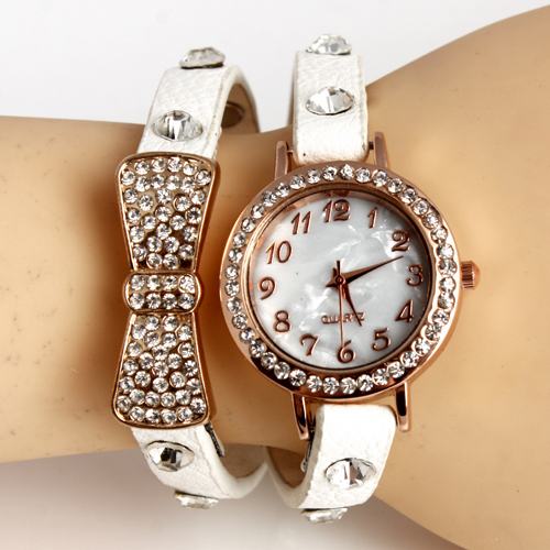 New Arrival  wrap Around Bracelet Watch,Bowknot Crystal Imitation leather chain women's Quartz wrist watches  Christmas watches