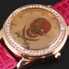 Hot Pink Lovely Skull Head Crystal Diamond Jewelry Women’s Ladies Girls Analog Quartz Wrist Watches, Xmas Gift