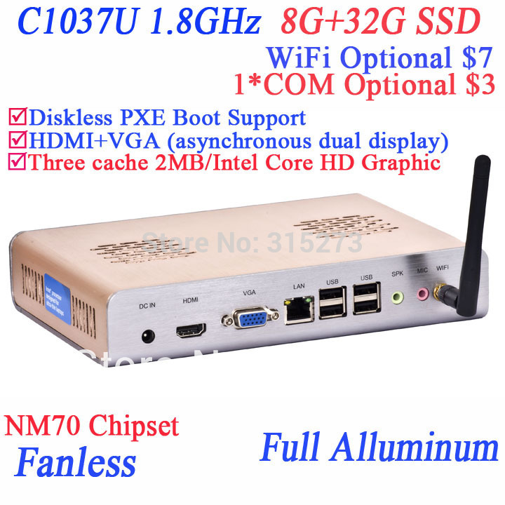 Intel Celeron C1037U 1 8GHz fanless XBMC mini pcs HDMI with RS232 WiFi optional 8G RAM