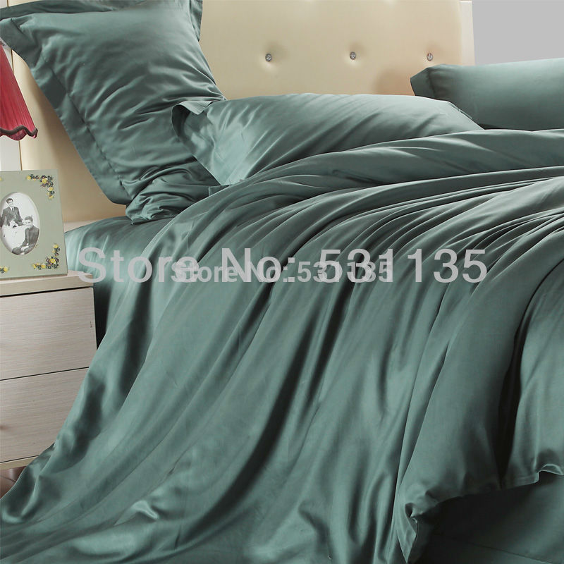 Luxury bedding sets 4pcs 100%silk slip soft dark green duvet bed quilt ...