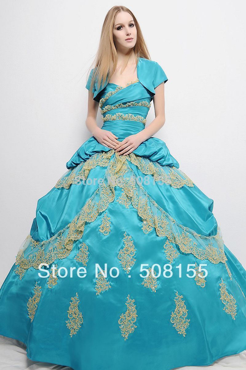 Free Shipping Fashion Sweetheart Blue Ball Gown Floor Length Taffeta Quinceanera Dress With Jacket LAQ006