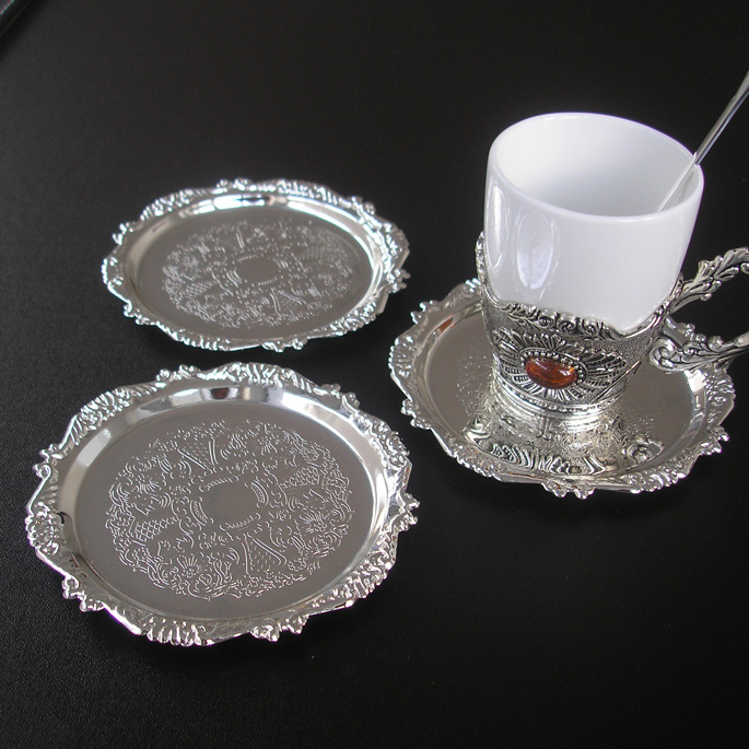 Wholesale 10pcs set High quality Metal Crafts Decorative Coffe Tea Cup Coaster With Embossed Edge and