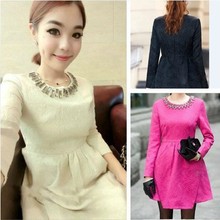 2013 Women Autumn Winter Dress Long sleeve Above Knee Jacquard weave O neck Diamond studded Zipper