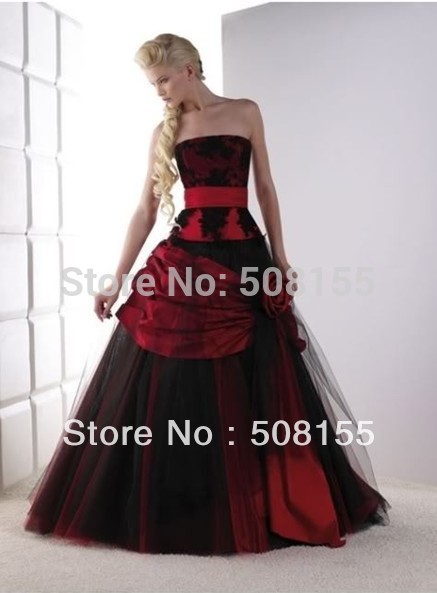 Free Shipping 2014 New Arrival Strapless Red Black A line Tulle and Taffeta Quinceanera Dress Custom