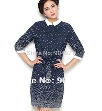 2013 Women Autumn Winter Dress A line Dress Bandage Chiffon Half sleeve Wave point Polo collar
