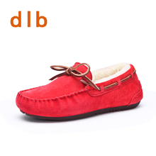 Dlb winter genuine leather pure wool women’s shoes plus velvet Moccasins flat-bottomed single shoes lovers shoes thermal