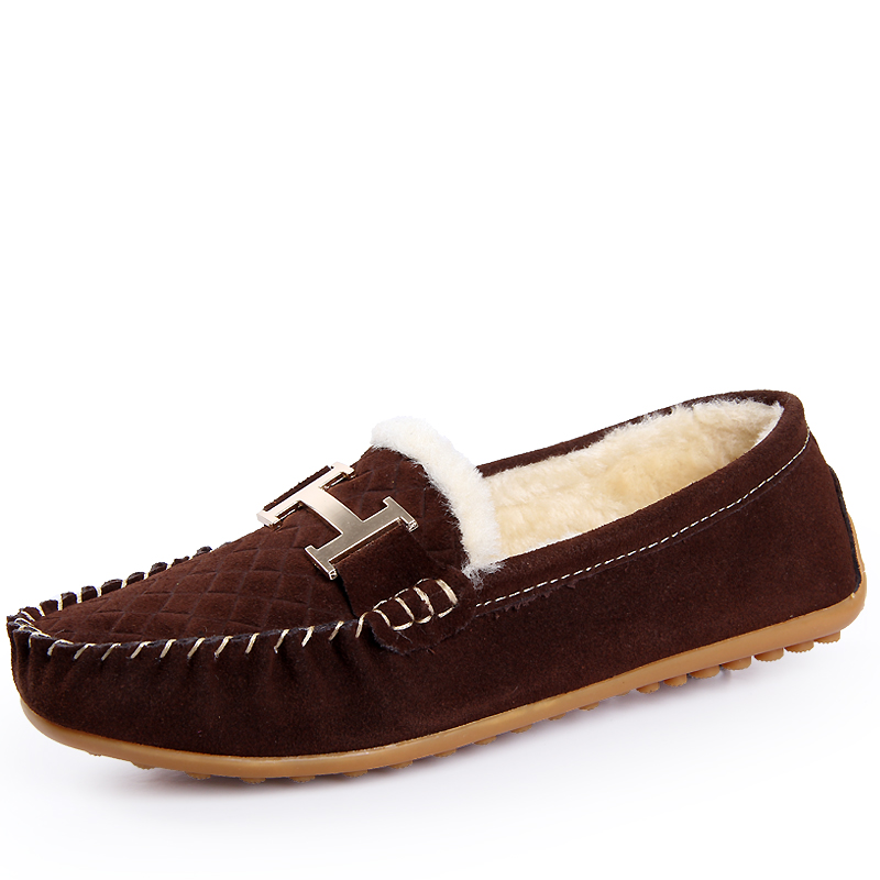 Genuine leather flat short thermal female cotton padded shoes pure wool single shoes gommini women s