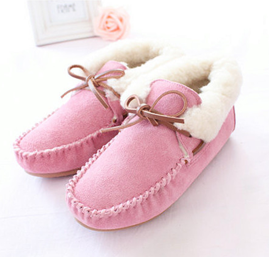 Plush shoes thermal shoes pink low women s flat shoes snow female bow Moccasins wool