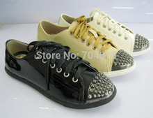 2014 new free shipping womens real patent leather brand beige black white lace-up metal rivet studded toe sport sneaker shoe