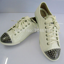 2014 new free shipping womens real patent leather brand beige black white lace up metal rivet