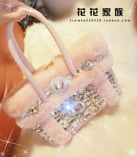 Princess sweet lolita bags Chili rhinestone gem flower Winter warm wool fur cherry powder Pink soft amo one shoulder handbag