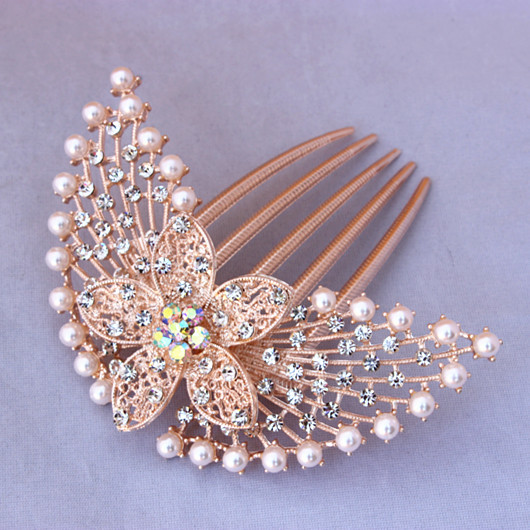 New Beautiful gold Color Shiny Pearls Crystal Flower Hair comb Tiara Wedding Party Hair Accessories Tuck