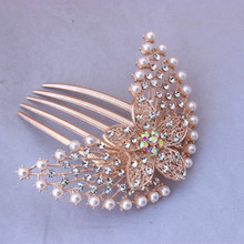 New Beautiful gold Color Shiny Pearls Crystal Flower Hair comb Tiara Wedding Party Hair Accessories Tuck