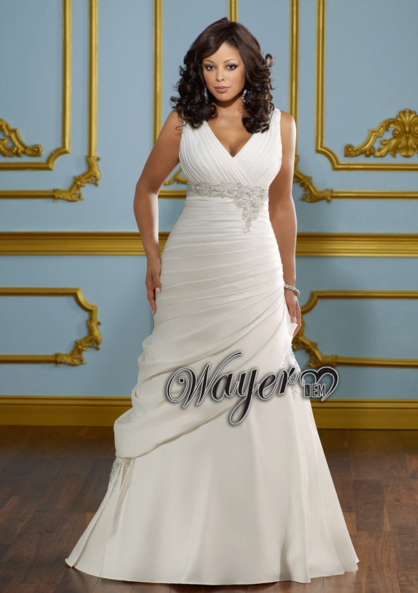 HL PWD2098 Top Online A line V neck Sleeveless Lace Appliques Beaded Ruched Satin Plus Size