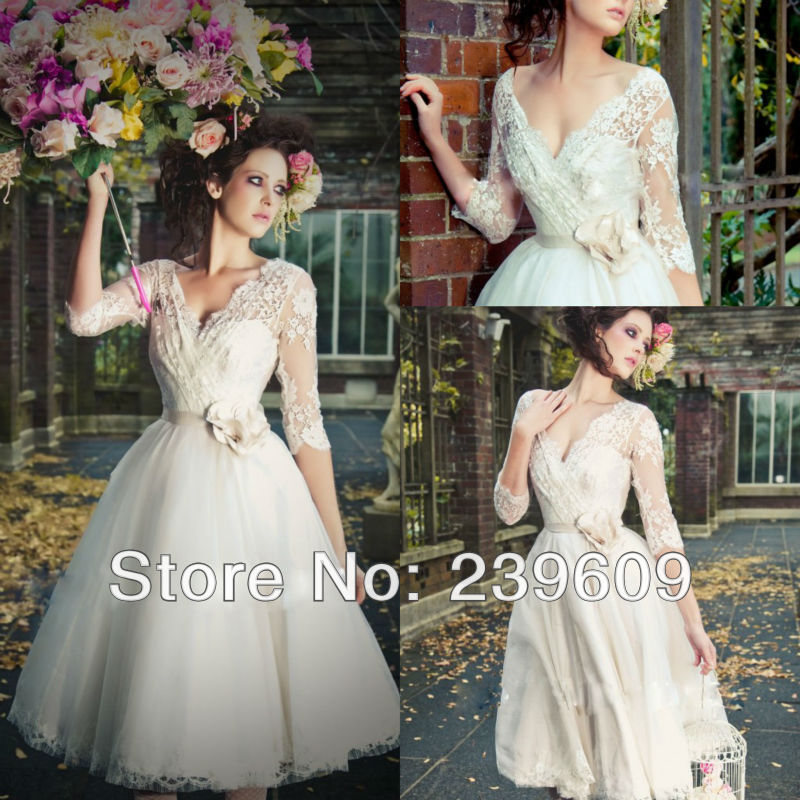 DHL Free Shippig 2013 Lovely woman Dresses The most beautiful v neck Lace tea length wedding