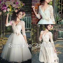 DHL Free Shippig 2013 Lovely woman Dresses The most beautiful v-neck Lace tea length wedding dress with long sleeves Ball Gown