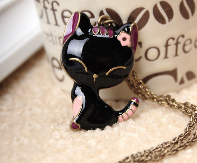 NK141 Free Shipping Wholesales 2014 New Hot Gift Black Drip Paint Cat Pendants Necklace Jewelry Accessories