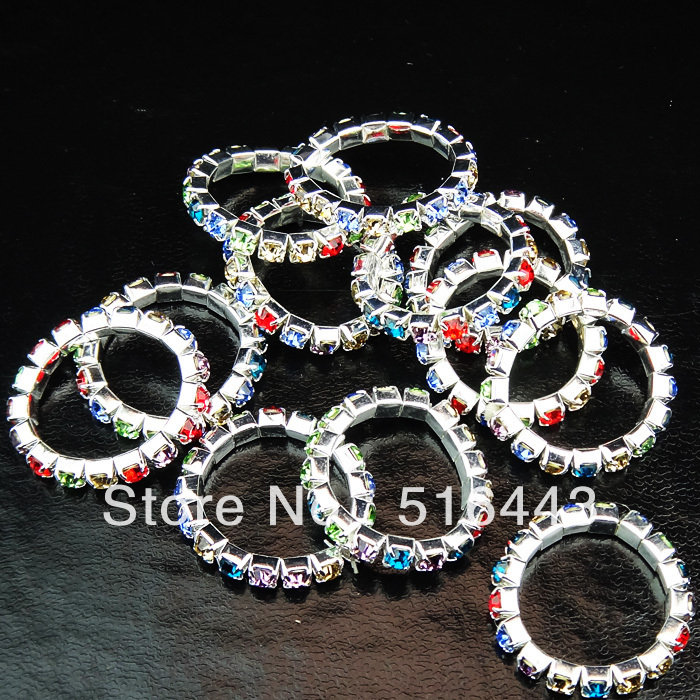 Hot Sale 48pcs Colorful Czech Rhinestones Stretchy Silver plated Women Rings or Toe Rings Wholesale Jewelry