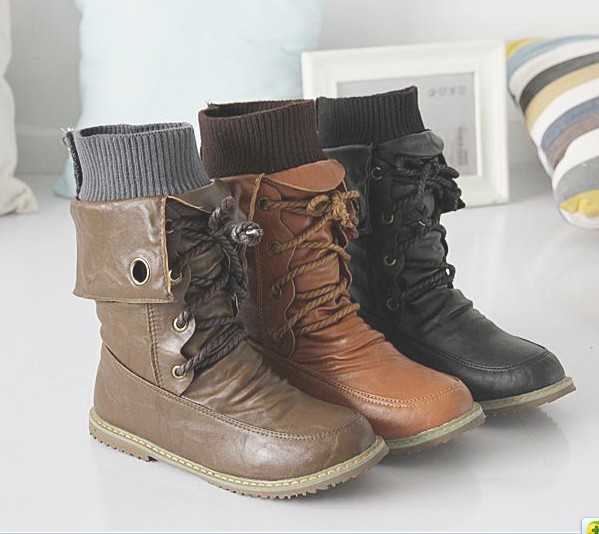 2014 autumn winter casual Woolen yarn tube riding motorcycle boots flat front strap lace up women