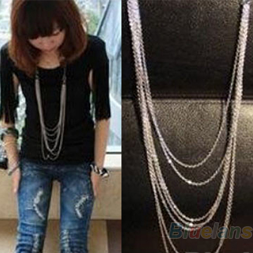 2014 Hot Selling Fashion New Vintage Style Multi layer Women Silver Multi Chain Tassel Necklace Long