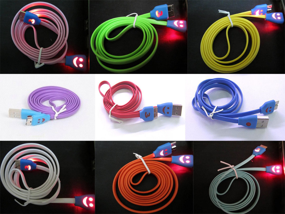 1M Micro B USB 3 0 Cables Smile Face LED Flat USB Sync Charger Cables for