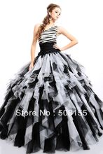 Free Shipping Hot Sale One-shoulder White/Black Ball Gown Floor Length Tulle Cheap Quinceanera Dress Custom Size LAQ014