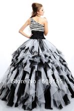 Free Shipping Hot Sale One shoulder White Black Ball Gown Floor Length Tulle Cheap Quinceanera Dress