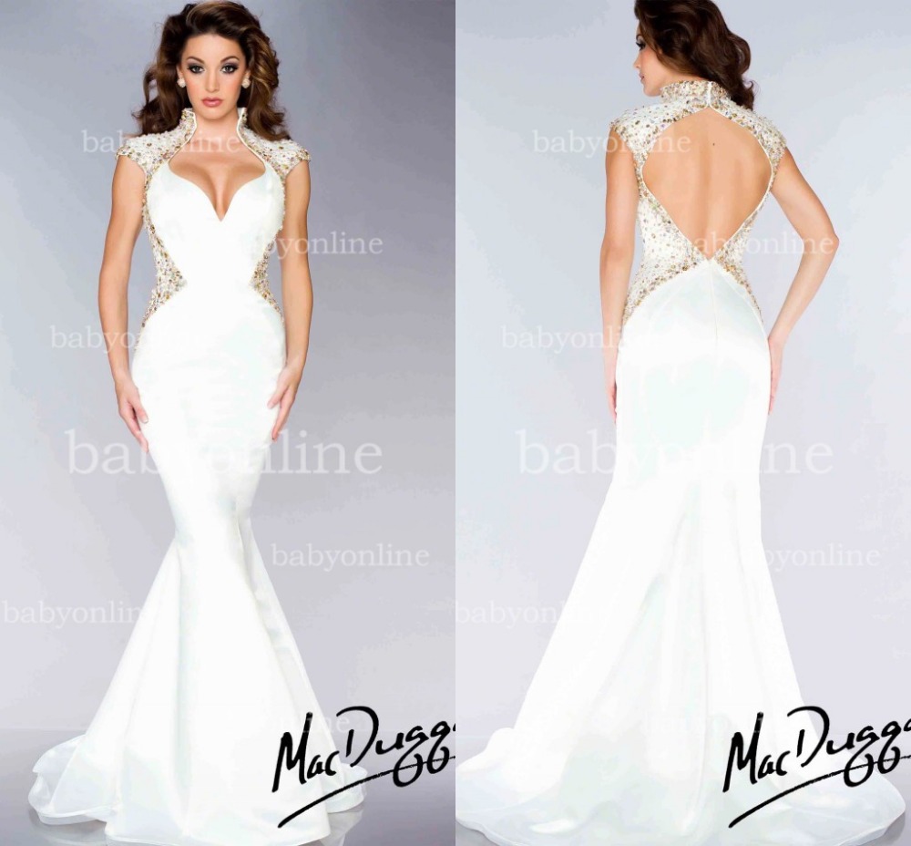 2014-White-Gold-Beaded-Mermaid-Satin-Formal-Pageant-Gowns-with-High ...